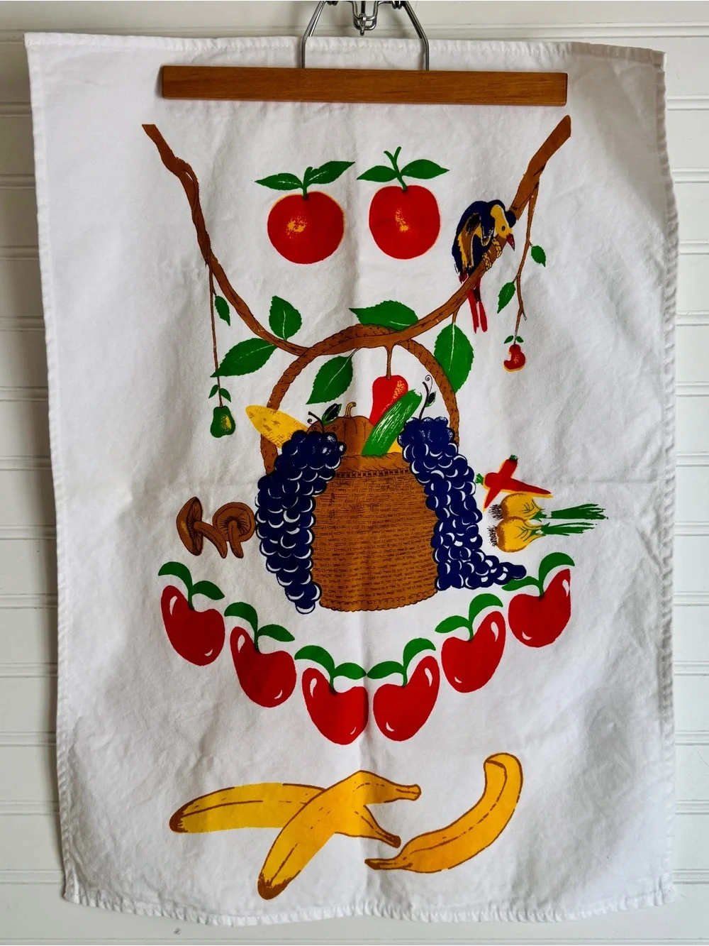 Vintage Whimsical Fruit & Harvest Basket Printed Tea Towel